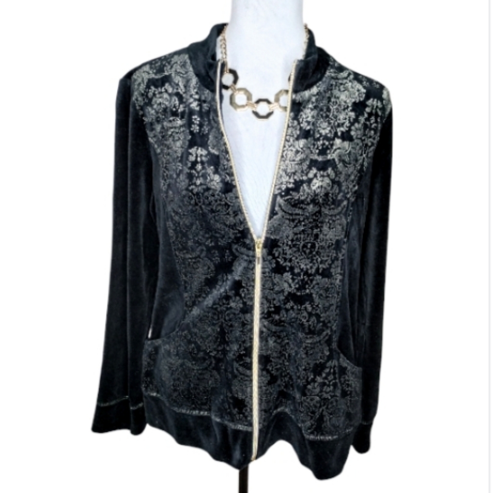 Chico's Zenergy Black and Gold Floral Velor Zip Front Jacket Size 1-M